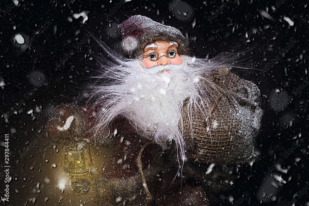 Santa Claus Outdoors Beside Christmas Tree in Snowfall Carrying Gifts to Children. Merry Christmas & New Year's Eve concept Santa Claus Outdoors Beside Christmas Tree in Snowfall Carrying Gifts to Children. Merry Christmas & New Year's Eve concept