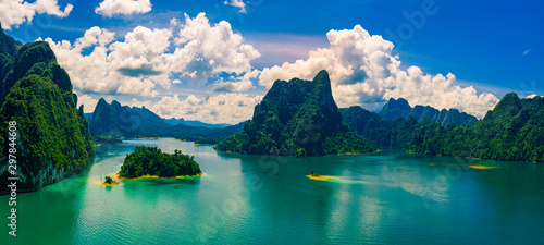 Panorama view of mountain and blue sky with cloud in Khao Sok National park locate in Ratchaprapha dam in Surat Thani province  Thailand.