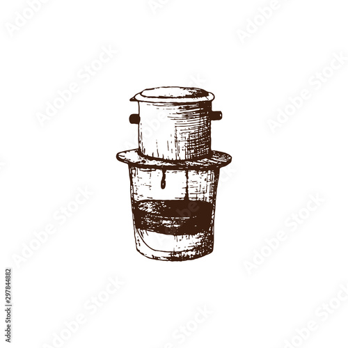 Hand drawn metallic coffee teapot in vietnamese vector illustration. Coffee is prepared and dripped into a glass with condensed milk. Pencil drawn in vintage engraving style. Separately on a white bac