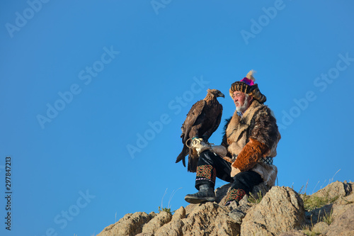 Old traditional kazakh eagle hunter.