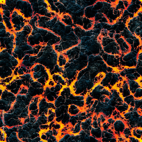 Burning lava floor among hot black rocks. Burning grill embers surface, barbecue ready.