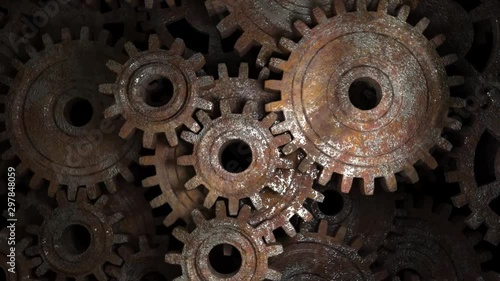 Old rusty gear mechanism. The concept of reliability of the mechanism. Teamwork.