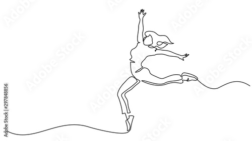 Happy jumping woman. Continuous one line drawing