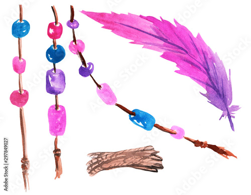set of feathers, ropes with beads for making a dreamcatcher. watercolor illustration for prints, cards, design and magazines...