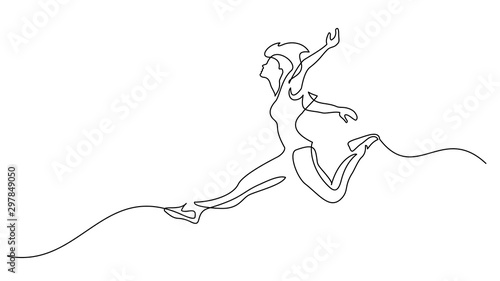Happy jumping woman. Continuous one line drawing