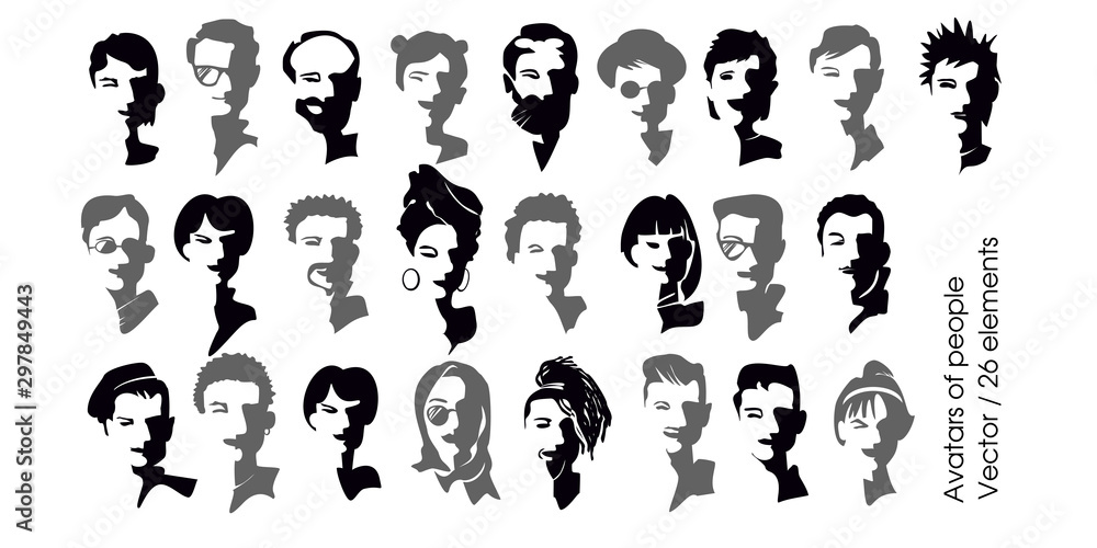 Group of people. Set of diverse avatars. Different nationalities, clothes and hair styles. Portraits of boys and girls. Black and white of flat design people characters. vector illustration.