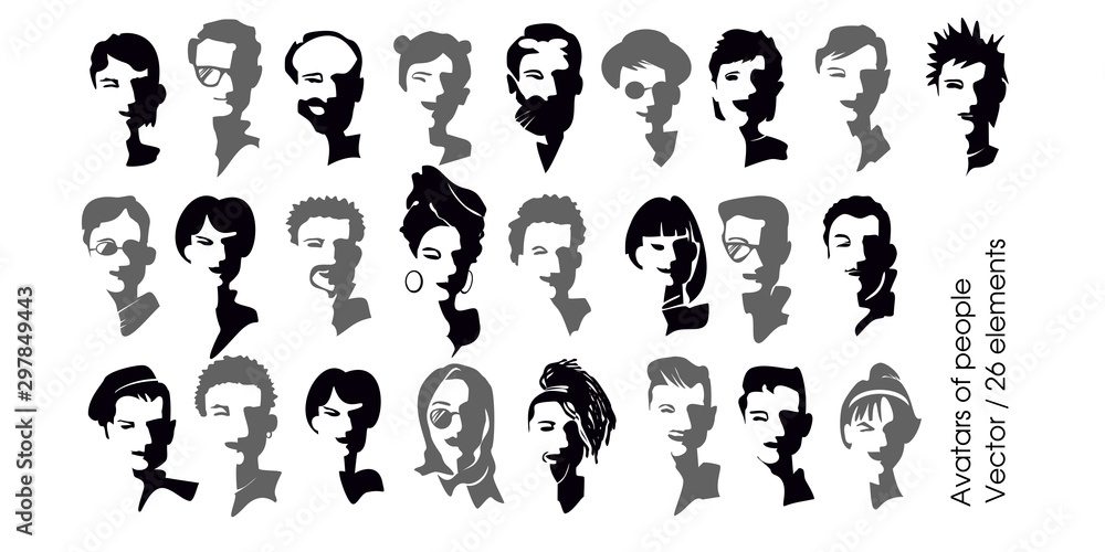 Group of people. Set of diverse avatars. Different nationalities, clothes and hair styles. Portraits of boys and girls. Black and white of flat design people characters. vector illustration. Group of people. Set of diverse avatars. Different nationalities, clothes and hair styles. Portraits of boys and girls. Black and white of flat design people characters. vector illustration.