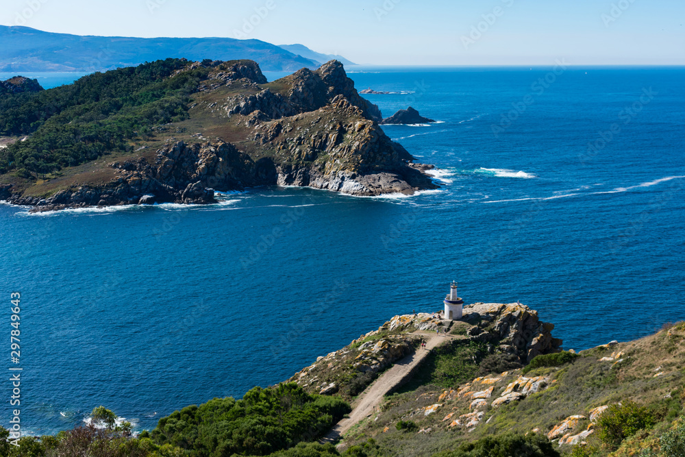 An image of the south Island, and the lighthouse located in the central island, in the Cies islands National Park. The lighthouse was built in 1918