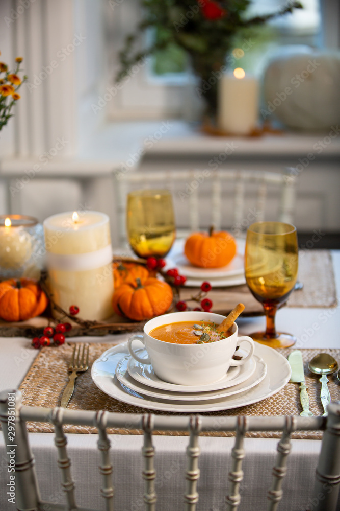 pumpkin soup on the table pumpkin soup on the table