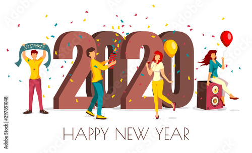 Poster for New Year 2020. Cheerful people celebrating a New Year with balloons, music and confetti. Vector illustration for poster, banner, flyer, invitation, card, placard, postcard.