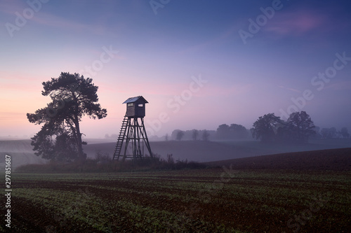 Deer hunting pulpit on a field at dawn.