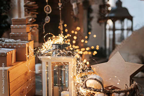 Fototapeta Naklejka Na Ścianę i Meble -  Christmas Room Interior Design, Xmas Tree Decorated By Lights Presents Gifts Toys