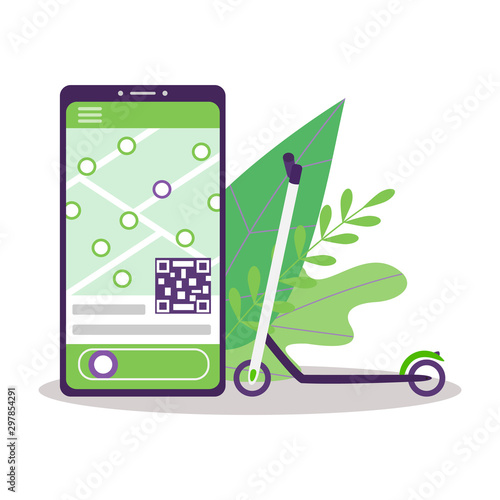 Scooter sharing. Ecological electric green scooter. On the phone screen, an application with a rental platform for urban mobile transport. Lime scooter on a white background with leaves. Vector