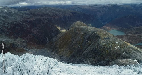 Aerial view from the top of Folgefonna glacier. Drone flight from ice cap to mountain. Norway. photo