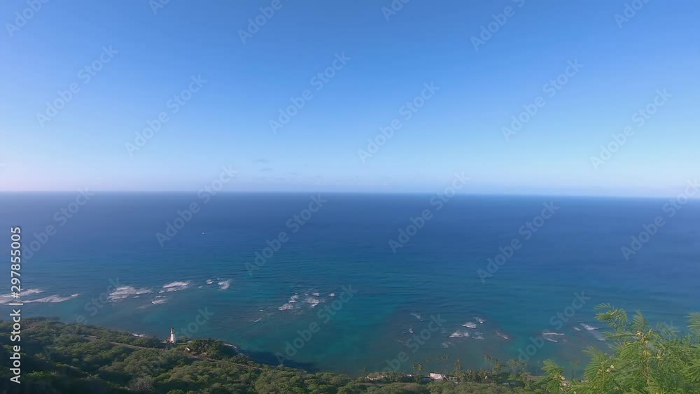 Spectacular panoramic ocean view from the observation deck on the summit of Diamond Head Volcano on Oahu Island in Hawaii USA