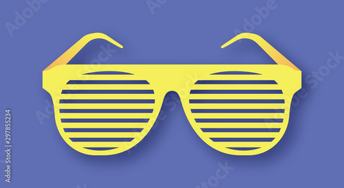 Retro glasses with lattice, paper style. Cut in layers. Yellow frame on lilac background with shadow.