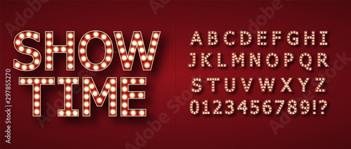 Retro alphabet from Edison lamps. For registration of advertising signs, banners, posters. On red background. Golden lighting. Glitter light. Show time. Volumetric image. Isolated.