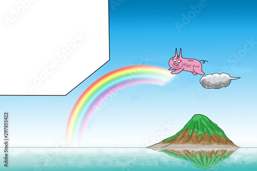 桃色の貯金箱が、消えかけている虹に乗ろうとする様子をイメージして描きました。