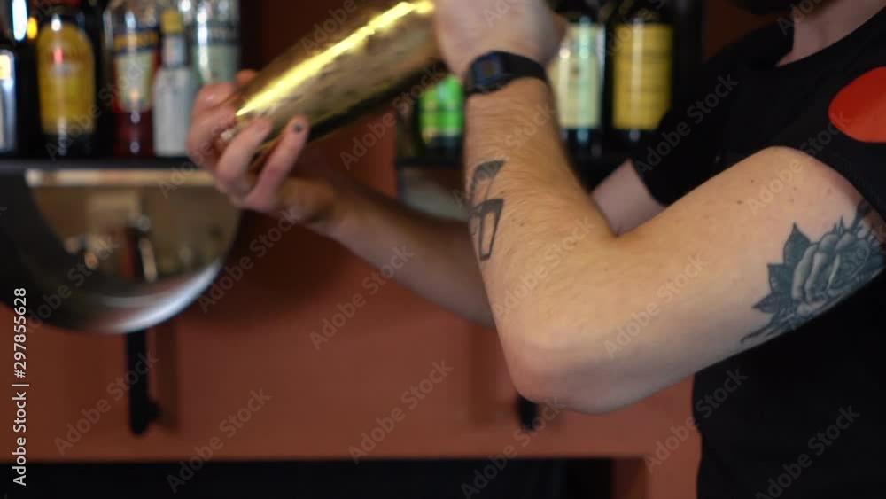 The bartender makes a cocktail in a shaker The bartender makes a cocktail in a shaker