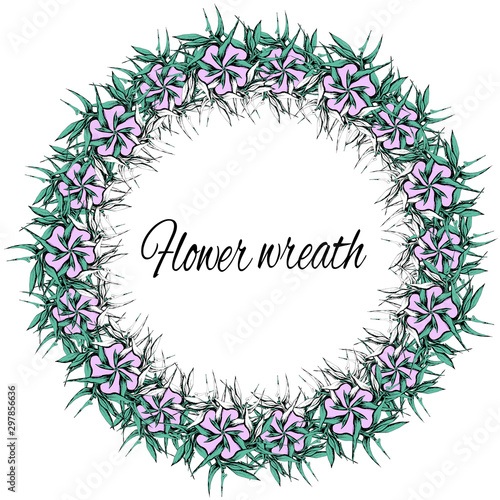 Spiky vector wreath drawn with ink. Black and white flowers with green leaves and spikes. Vector illustration.