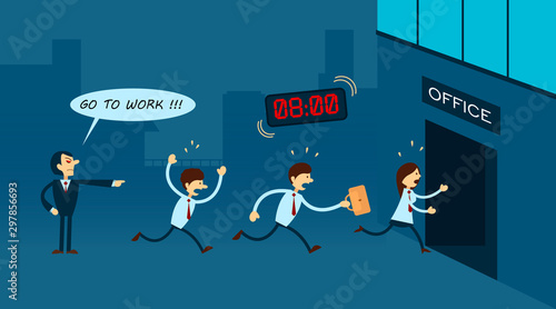 Angry boss is yelling at workers, in order they go to work faster. Flat style.