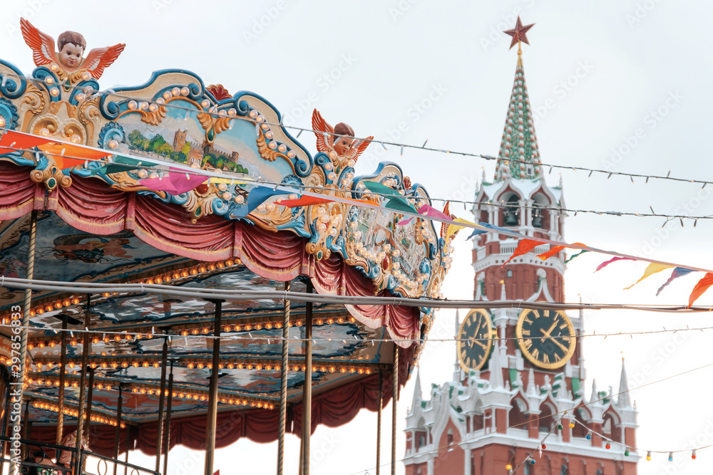 Obraz premium Decorations for Christmas and New Year holidays. Christmas balls on tree branches on Red square in Moscow