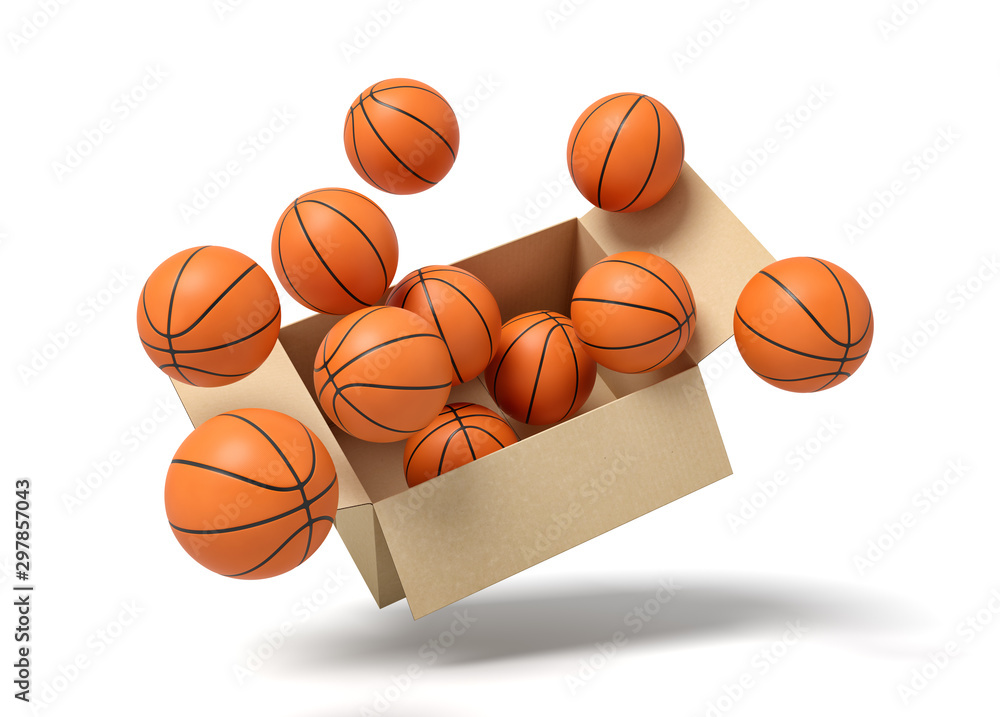 3d rendering of cardboard box full of basketballs in mid-air.