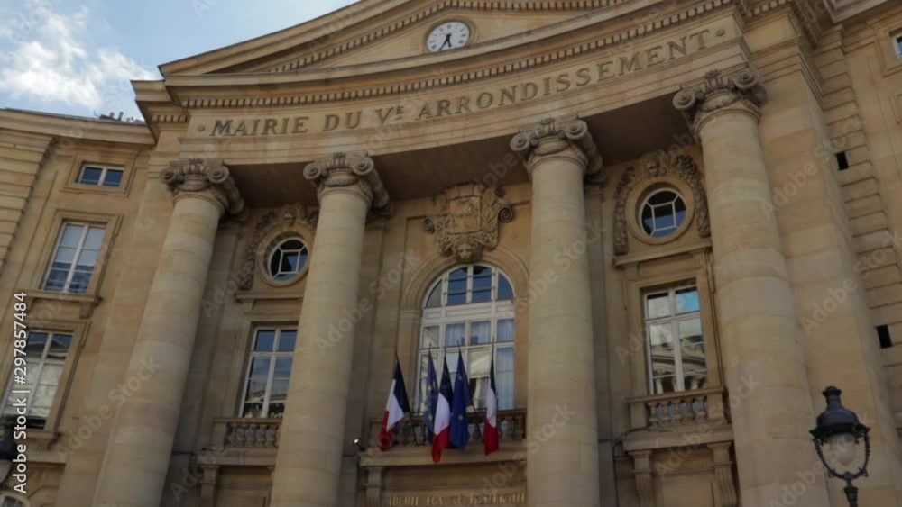 Front view of the Mairie Du Ve Arrondissement in Paris, France - Tilt up view Front view of the Mairie Du Ve Arrondissement in Paris, France - Tilt up view
