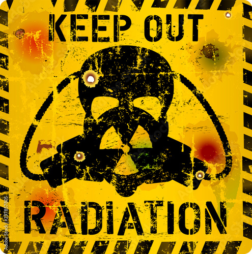 Radiation warning sign, skull and gas mask, grungy style,vector illustration