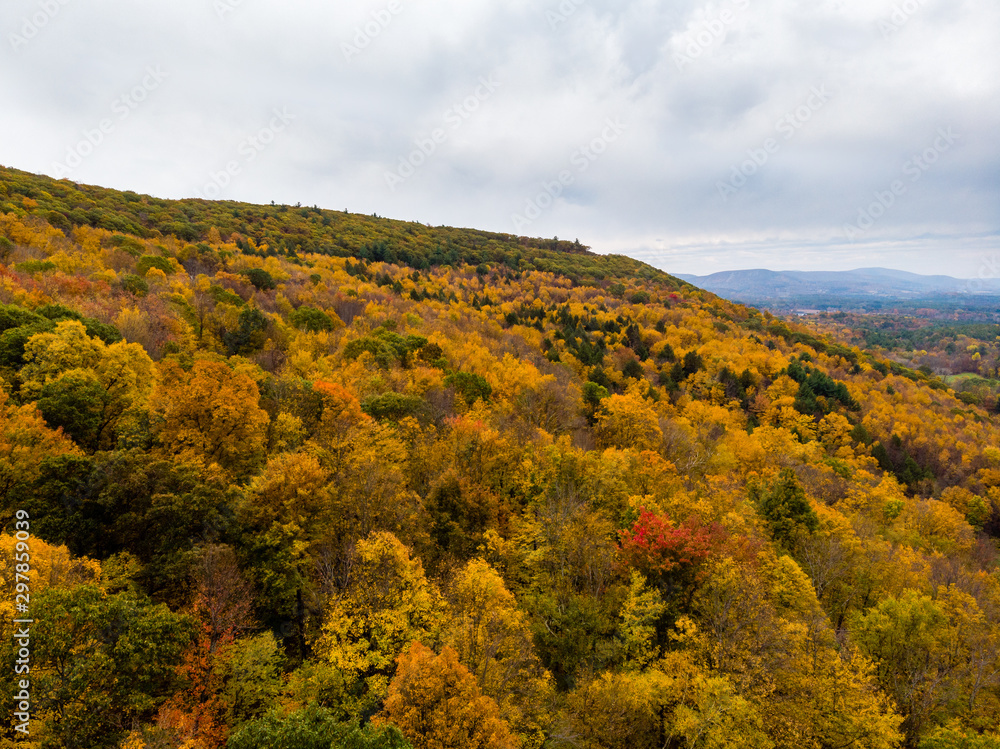 Drone photo of peak foliage upstate New York during the autumn fall season.