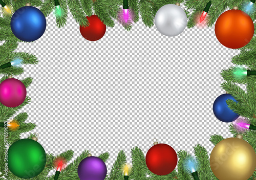 christmas frame background with pine branches, colorful balls and colorful lights