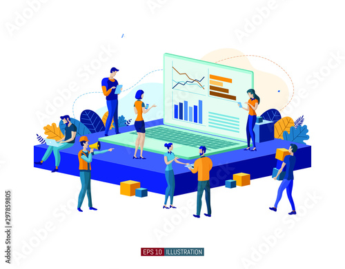Trendy flat illustration. Office workers planing business mechanism, analyze business strategy and exchange ideas.Template for your design works. Vector graphics.