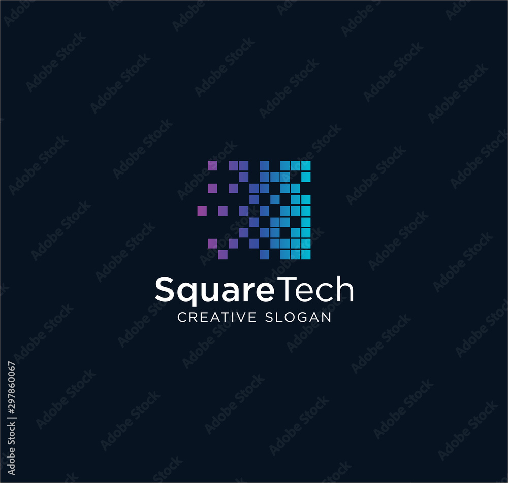 Square Digital Logo Design Vector Stock . Square Tech Logo With dark blue background. box logo mosaic pixel design