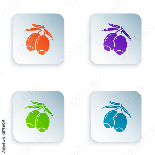 Color Olives branch icon isolated on white background. Set icons in colorful square buttons. Vector Illustration