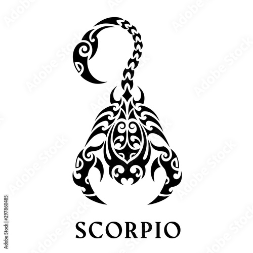 Zodiac sign scorpio with sign in maori tattoo style. Black and white vector illustration isolated.	