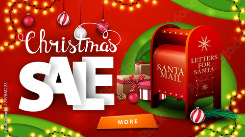 Christmas sale, red and green discount banner in paper cut style with garlands, Christmas balls, button and Santa letterbox with presents