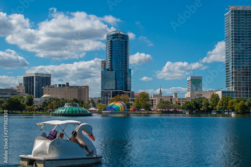 Orlando, Florida. October 12, 2019. Nice couple enjoying swan boat at Lake Eola Park 1.