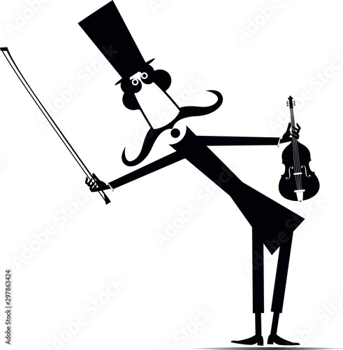 Cartoon long mustache violinist illustration isolated. Long mustache man in the top hat with violin and fiddlestick black on white illustration