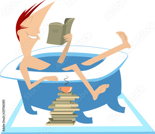 Man takes a bath, reads a book and drinks coffee or tea illustration. Smiling man lies in the bathtub, has coffee or tea and reads books isolated on white