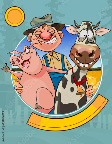 logo of a cartoon joyful farmer with a pig and a cow