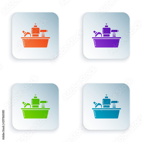 Color Plastic bottles for liquid laundry detergent, bleach, dishwashing liquid or another cleaning agent icon isolated on white background. Set icons in colorful square buttons. Vector Illustration