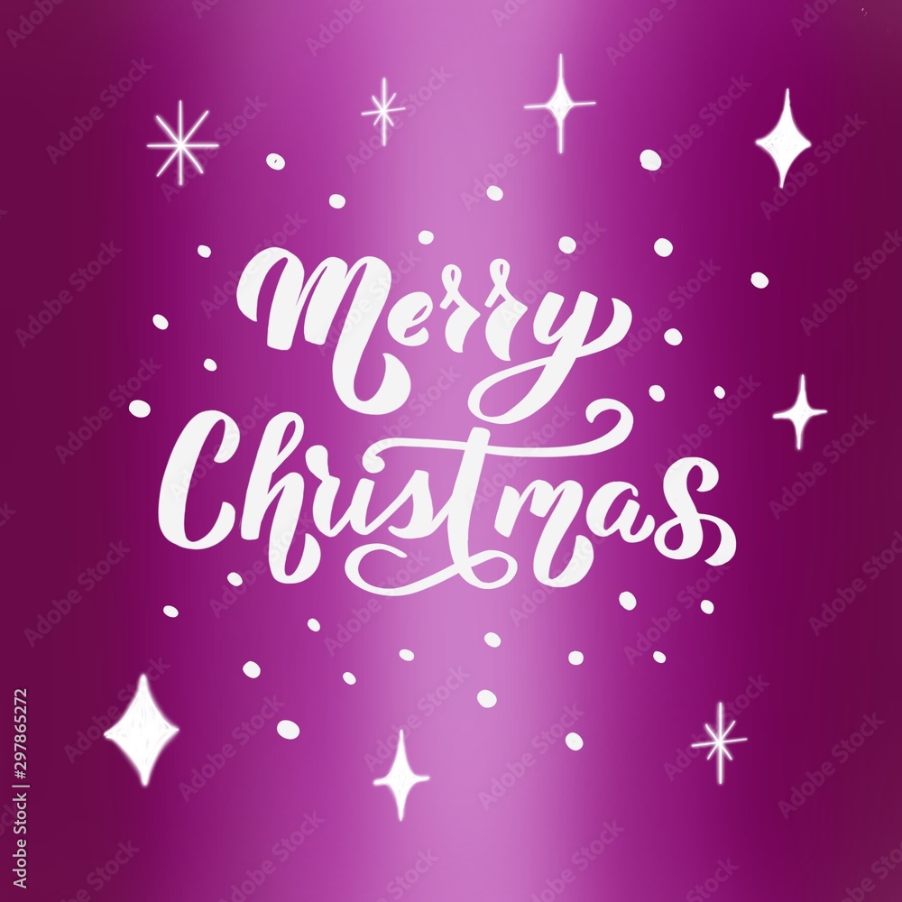 merry christmas holiday greeting card. beautiful illustration on a lilac background with white letters surrounded by snowflakes.