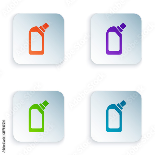 Color Plastic bottle for liquid laundry detergent, bleach, dishwashing liquid or another cleaning agent icon isolated on white background. Set icons in colorful square buttons. Vector Illustration