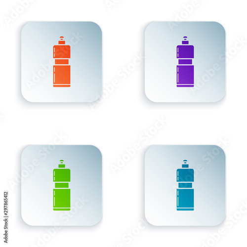 Color Plastic bottle for liquid laundry detergent, bleach, dishwashing liquid or another cleaning agent icon isolated on white background. Set icons in colorful square buttons. Vector Illustration