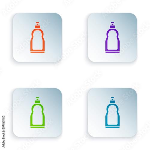 Color Plastic bottle for liquid laundry detergent, bleach, dishwashing liquid or another cleaning agent icon isolated on white background. Set icons in colorful square buttons. Vector Illustration