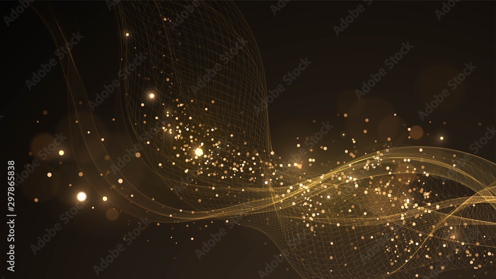 Black background with golden wave, golden dust, sparks, abstract background - obrazy, fototapety, plakaty 