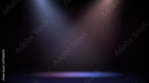 Dark room with spotlights, empty stage, show
