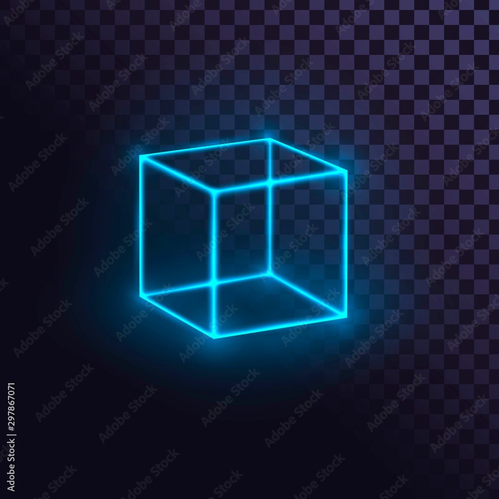 Obraz premium Glowing blue neon cube, futuristic box or block, laser cube on transparent background