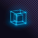 Glowing blue neon cubes, futuristic box or block, laser cube on transparent background