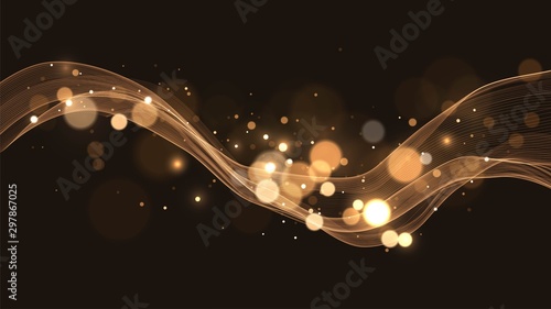 Black background with golden wave, golden blurred dust, sparks, abstract background with bokeh effect